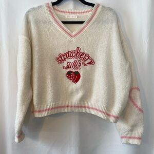 Coquette Soft Girl Cozycore Strawberry Milk And Hearts V-Neck Cropped Sweater MD
